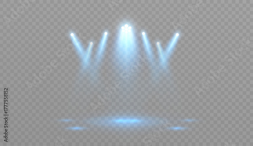 A series of blue stage spotlights with soft beams and glow on a transparent background. Lighting effect for concerts and events, advertising scenes, and user interface overlays.
