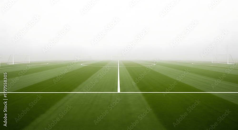 Obraz premium Soccer field with green grass and white lines in the mist, perfect for sports competitions