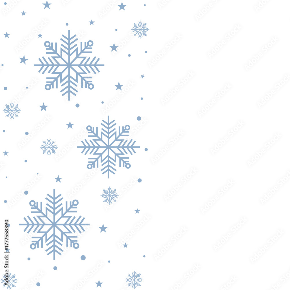 Fototapeta premium Seamless winter pattern featuring blue snowflakes on a white background. Minimalist festive design ideal for Christmas wrapping paper, holiday cards, textiles, and seasonal decorations.
