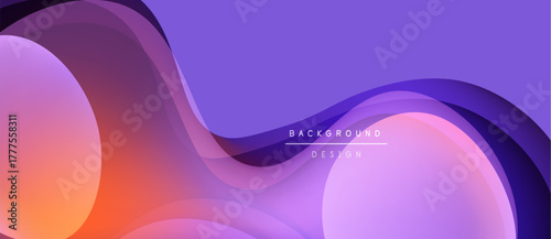 Abstract fluid shapes, purple hues dominate. Gradient colors blend smoothly, creating modern background design. Soft light effects present.