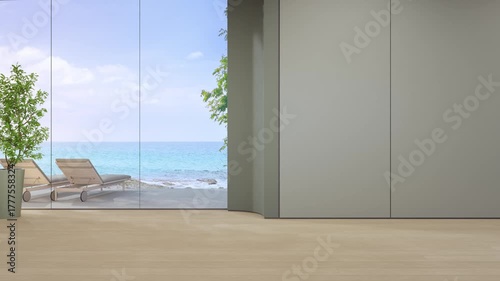 Sea view empty large living room of luxury summer beach house with terrace. Wooden floor and white wall in vacation home or holiday villa. Hotel interior 3d illustration.