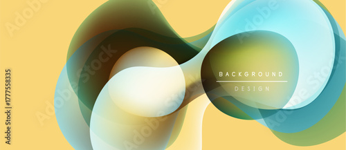 Abstract flowing shapes, warm yellow backdrop. Overlapping translucent forms create dynamic visual effect. Modern design element.