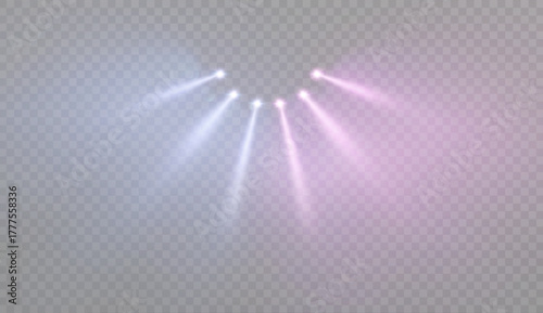 Arc set of soft blue and pink spot beams with glowing heads on transparent background. Stage light effect for show banners, party design and UI highlights.