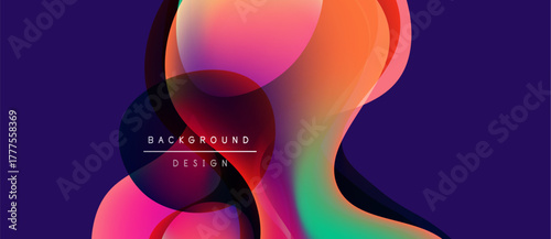 Abstract fluid shapes, vibrant colors blend. Modern design elements create dynamic visual impact. Background features text labels.