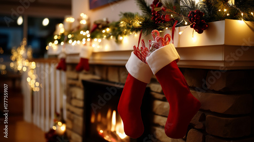 Defocused warm-toned Christmas scene — stockings with candy, glowing garlands, flickering fireplace — peaceful festive atmosphere, with copy space