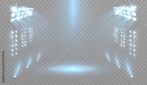 A stage with cool blue spotlights and a glowing floor on a transparent background for advertising presentations, product presentations, concerts, and stage design for award ceremonies.