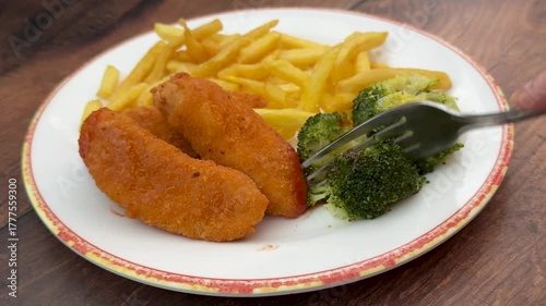 Eating Broccoli with Breaded Fried Chicken Strips with French Fries 
