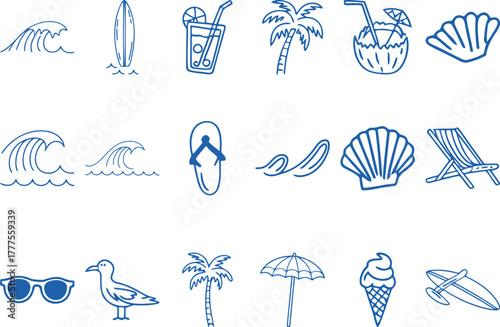 Vibrant summer beach icons perfect for holiday designs and travel promotions