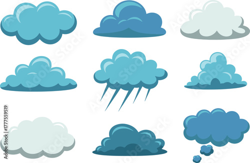 Dynamic collection of blue cartoon clouds offering weather variety and visual appeal