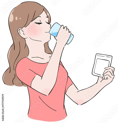 サプリを飲む女性のイラスト
