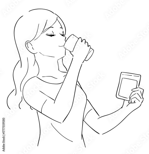 サプリを飲む女性の白黒イラスト