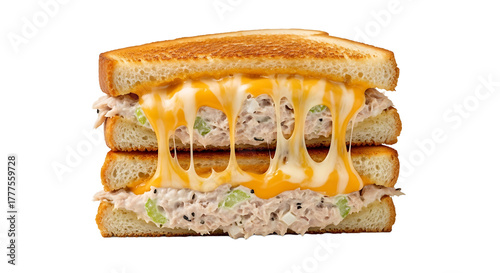 Stacked tuna salad sandwich with melting cheese, showcasing a warm and savory comfort food experience with toasted bread.