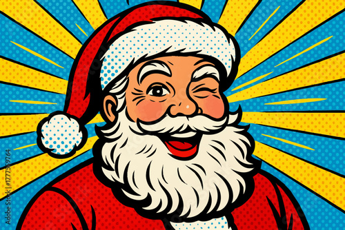 Santa Claus winking and smiling, surrounded by retro pop art patterns and festive colors. Generative ai vector colorful pop art illustration.