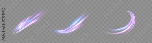 Set of pastel magic light swipes with pink and blue glow on transparent background. Curved streak elements for game effects and UI overlays.