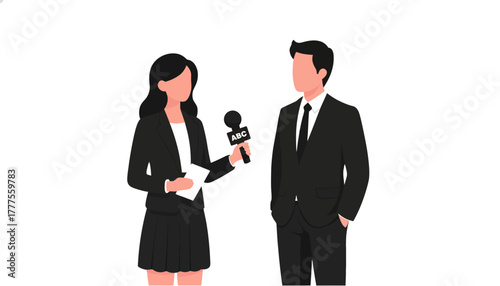 Flat illustration of a female journalist interviewing a man in a suit with a microphone on a white background.