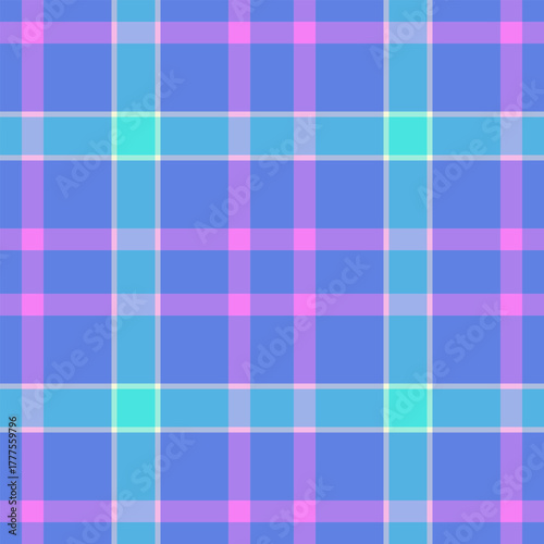 Chequered background seamless textile, asymmetric pattern plaid texture. Kitchen fabric vector tartan check in blue and violet colors.
