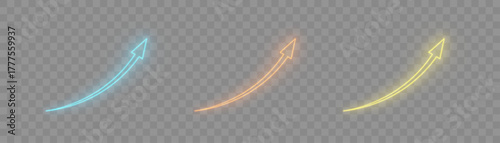 Set of glowing curved arrows in blue, peach and yellow colors on transparent background. Decorative highlight element for infographics, UI and promo design.