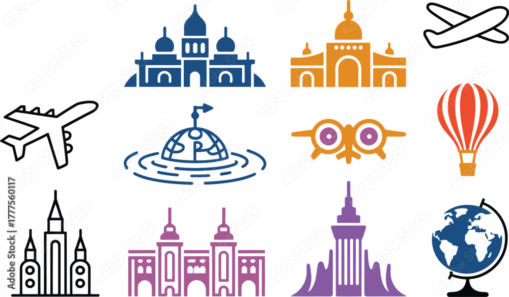 Fototapeta premium Explore the world with iconic travel and destination symbols