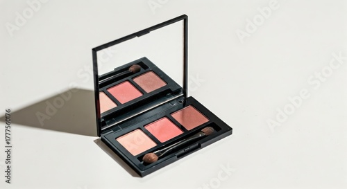 Open makeup palette with mirror, blush shades, and applicators on a white surface