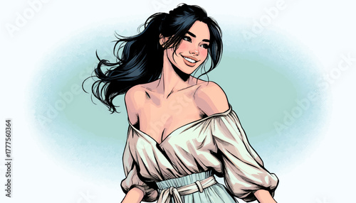 happy young woman with a ponytail, wearing a loose off-shoulder blouse and high-waisted shorts. Generative ai vector colorful pop art illustration.