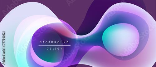 Abstract fluid shapes, vibrant colors, purple backdrop. Modern design elements create dynamic visual impact. Smooth gradients, flowing forms.