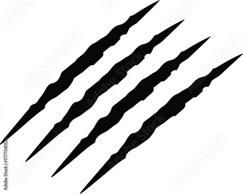 Claw mark vector illustration, jagged slash design, black scratches, aggressive graphic, wild animal theme, diagonal cuts, white background, horror concept