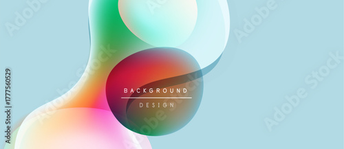 Abstract fluid shapes overlap, creating vibrant color gradients. Light blue background complements design elements. Modern, smooth aesthetic.