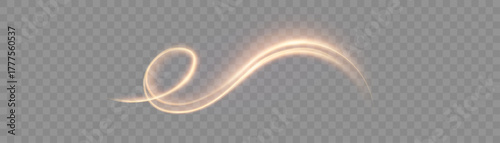 A golden, curved light trail with a soft glow on a transparent background. A vibrant, arched swirl with glittering highlights for overlays, titles, and abstract designs.	