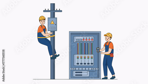 Two electricians working on a utility pole and electrical panel with a clean white background