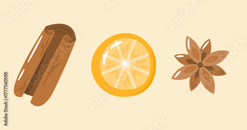 Cinnamon stick, star anise and slice of lemon vector illustration. Aromatic spices for making desserts and drinks, ingredients for mulled wine. Decorative elements.