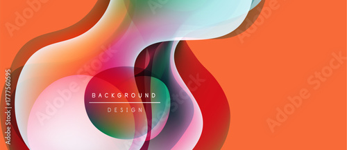 Abstract fluid shapes overlap, creating vibrant color gradients. Orange background complements flowing design elements. Modern, dynamic composition.