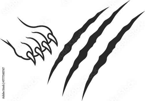 Clawed paw vector illustration, animal scratch marks, aggressive swipe design, wild beast theme, black and white graphic, horror concept, diagonal slashes