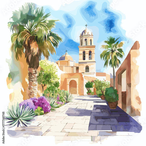 Santa Catalina Monastery. Santa Catalina Monastery hand drawn watercolor illustration