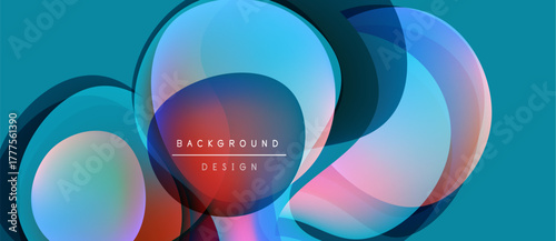 Abstract circles overlap, creating vibrant color gradients. Teal background complements dynamic design elements. Modern, fluid composition.