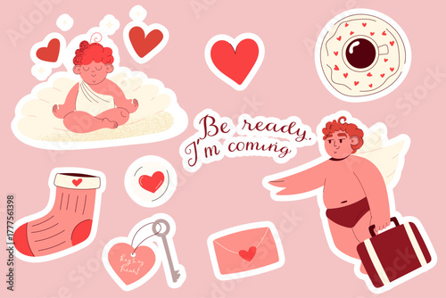 Funny romantic composition with cupid, heart icons and coffee cup. Vector flat design for greeting cards, stickers, social media and modern love concepts.