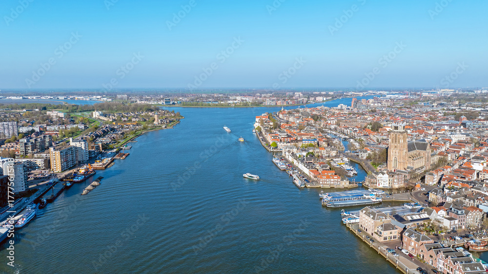 Obraz premium Aerial from the historical city Dordrecht at the river Merwede in the Netherlands