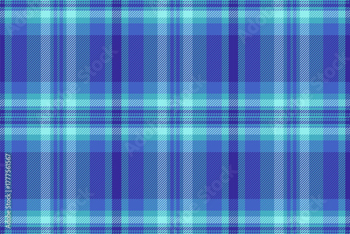 Graceful pattern seamless texture, chequered background fabric vector. Graphical plaid tartan check textile in cyan and indigo colors.