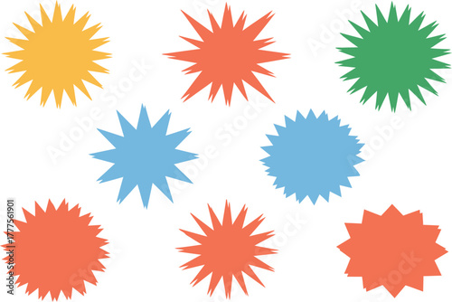 Vibrant starburst shapes in cheerful yellow, orange, blue, and green hues