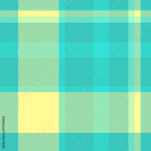 Primary fabric vector textile, geometry seamless pattern plaid. Azul background texture tartan check in teal and yellow colors.