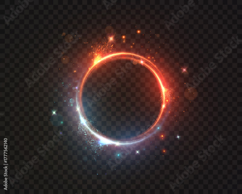 A ring of light with sparks and glare and a neon glow effect. A circular light outline for accents in design and illustrations.