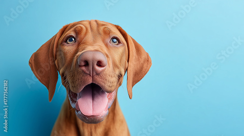 Wallpaper Mural Joyful Vizsla dog with bright smile and tongue out against clean blue background. Torontodigital.ca