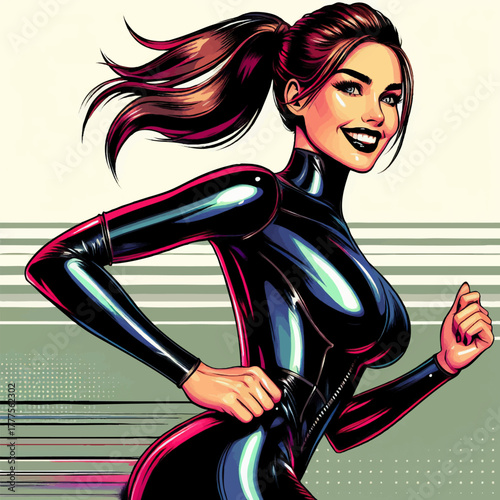 smiling woman in a tight, glossy black zip-up dress with a ponytail. Generative ai vector colorful pop art illustration.