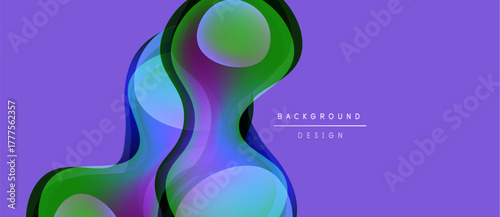 Abstract fluid shapes overlap, creating vibrant color gradients. Purple background enhances dynamic visual effect. Modern design element.