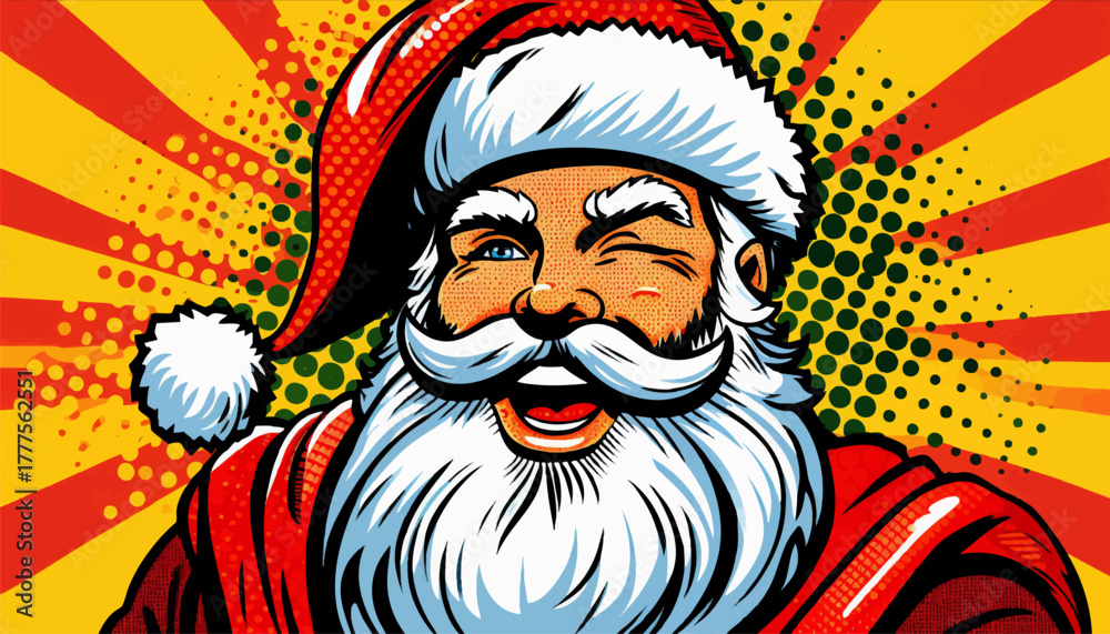 Obraz premium Santa Claus winking and smiling, surrounded by retro pop art patterns and festive colors. Generative ai vector colorful pop art illustration.
