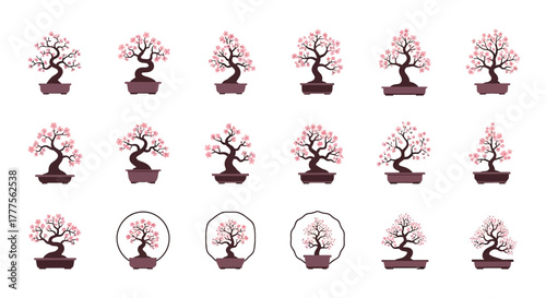 Collection of bonsai tree illustrations, each in a pot and with pink blossoms, arranged in rows.