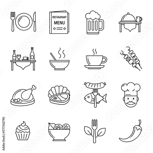 Food and drink icon set restaurant menu elements in simple line style vector illustration for web and mobile design