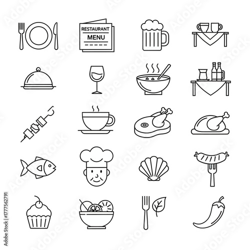Set of restaurant icons simple line art vector design for food and drink related projects isolated on white background