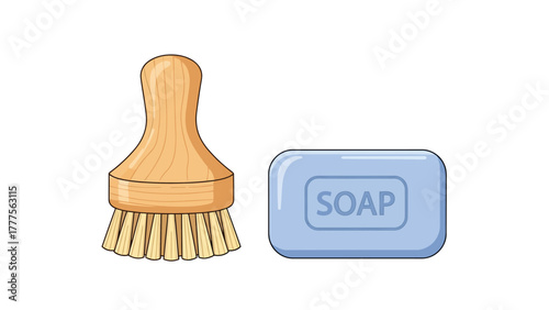 A wooden brush and a bar of soap on a white background