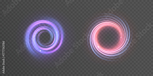 Glowing game portals—spiral purple and circular pink with soft glow and ring glow on a transparent background. An element for UI/UX games, magical abilities, sci-fi teleports, and combat effects