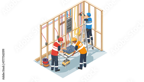 Isometric illustration of construction workers building a wall frame with tools